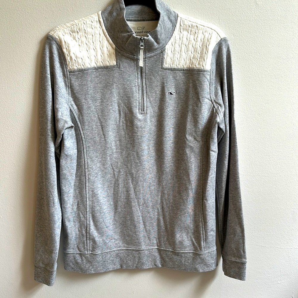 Vineyard Vines Women’s Grey Shep Shirt with ivory braiding size small